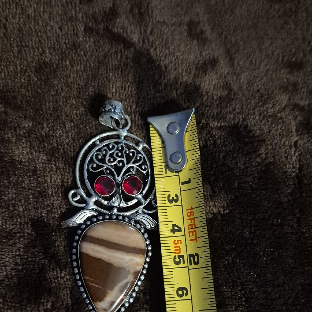 SilverPlated  Genuine Gemstone Brown Owl Pendant  With Red Ruby Stones!